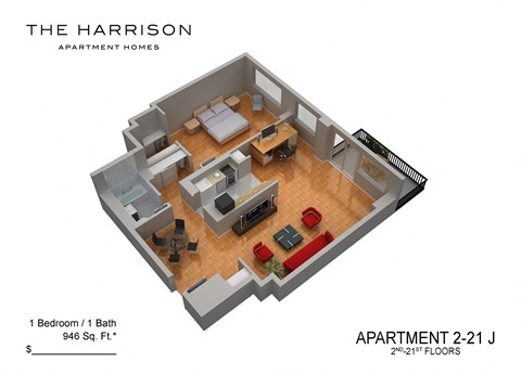 Floor plan for 1 bed, 1 bath, 920 sqft