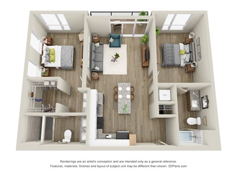 Floor plan for 2 beds, 2 baths, 933 sqft
