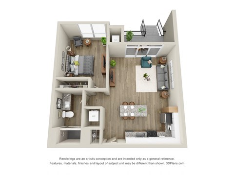 Floor plan for 1 bed, 1 bath, 791 sqft