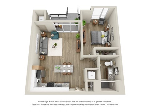 Floor plan for 1 bed, 1 bath, 791 sqft
