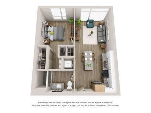 Floor plan for 1 bed, 1 bath, 627 sqft