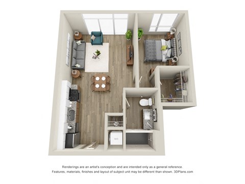 Floor plan for 1 bed, 1 bath, 572 sqft