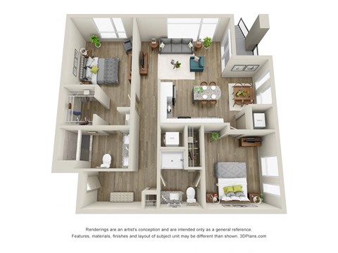 Floor plan for 2 beds, 2 baths, 1057 sqft