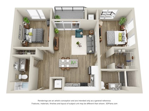Floor plan for 2 beds, 2 baths, 936 sqft