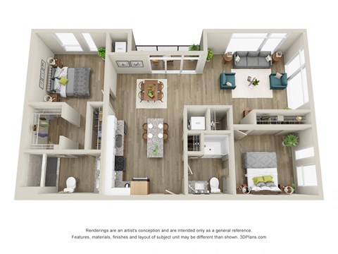 Floor plan for 2 beds, 2 baths, 1228 sqft