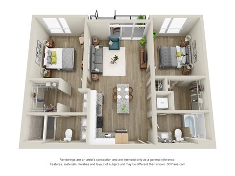 Floor plan for 2 beds, 2 baths, 936 sqft