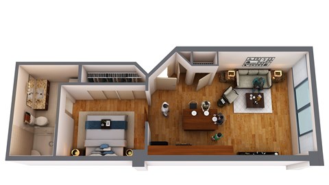 Floor plan for 1 bed, 1 bath, 627 sqft