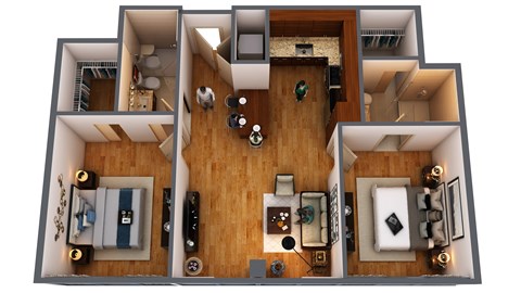 Floor plan for 2 beds, 2 baths, 1048 sqft
