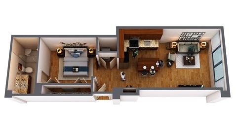 Floor plan for 1 bed, 1 bath, 711 sqft