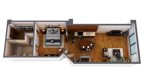 Floor plan for 1 bed, 1 bath, 702 sqft