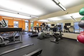 Wauwatosa apartment for rent - a gym with cardio equipment and weights on the floor