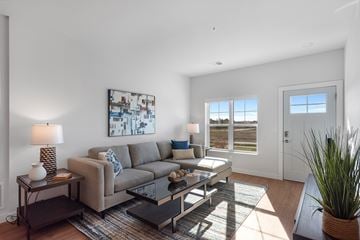 Plymouth apartment for rent - A living room with a grey couch and a painting on the wall.
