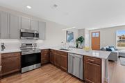 Mount Pleasant townhouse for rent - A modern kitchen with wooden cabinets and stainless steel appliances  at Tivoli Green Apartments & Townhomes, Mount Pleasant, Wisconsin, 53406
