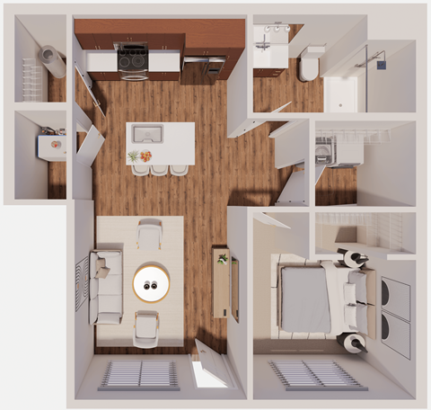 Floor plan for 1 bed, 1 bath, 717 sqft