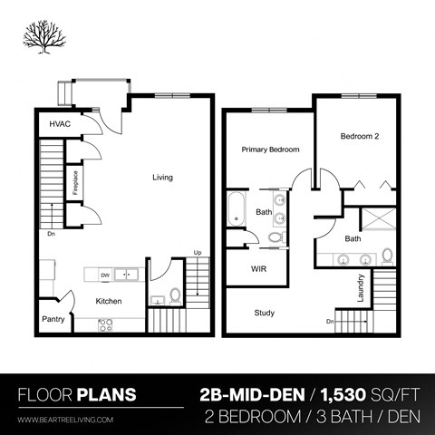 Floor plan for 2 beds, 3 baths