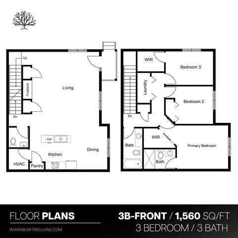 Floor plan for 3 beds, 3 baths