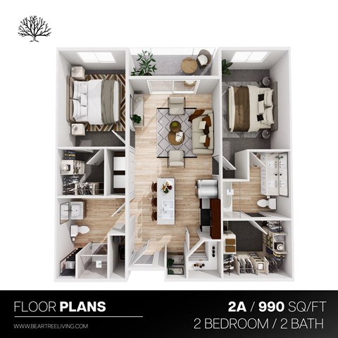 Floor plan for 2 beds, 2 baths, 990 sqft
