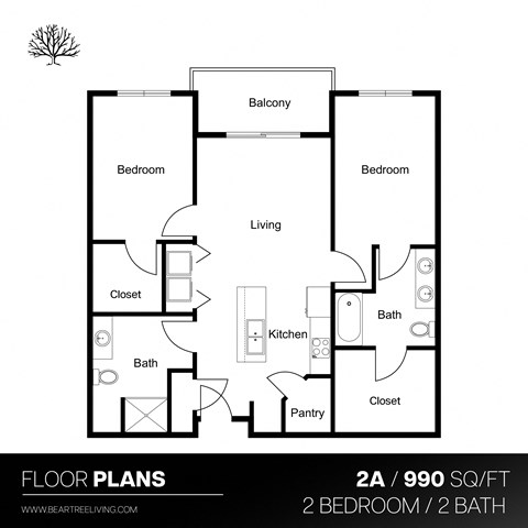 Floor plan for 2 beds, 2 baths