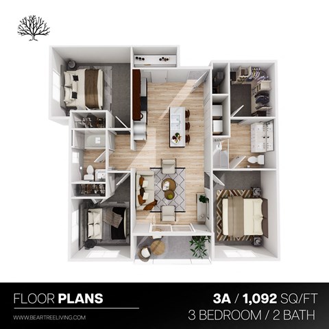 Floor plan for 3 beds, 2 baths, 1092 sqft