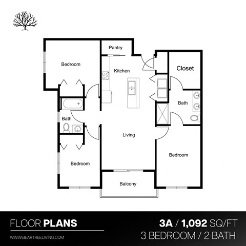 Floor plan for 3 beds, 2 baths