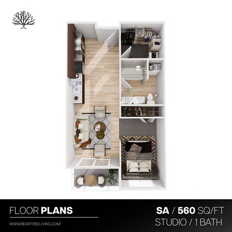 Floor plan for studio, 1 bath, 560 sqft