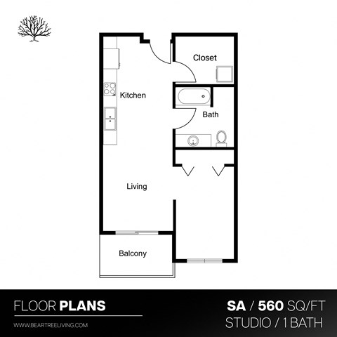 Floor plan for studio, 1 bath, 560 sqft