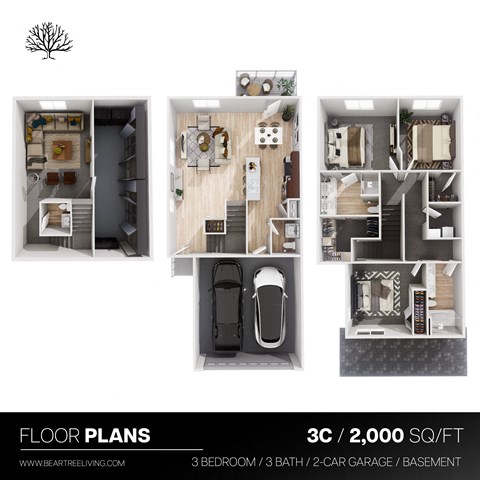 Floor plan for 3 beds, 3 baths, 2000 sqft