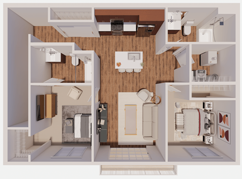 Floor plan for 2 beds, 2 baths, 1121 sqft