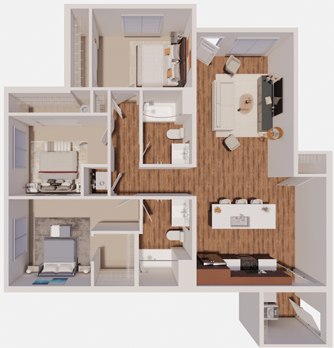Floor plan for 3 beds, 2 baths, 1358 sqft