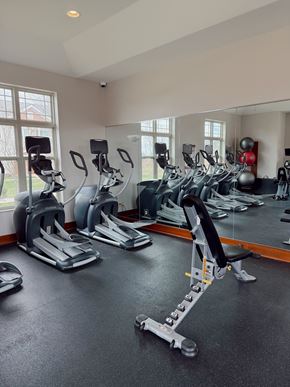 Oconomowoc apartment for rent - A gym with treadmills, exercise bikes, and weights.