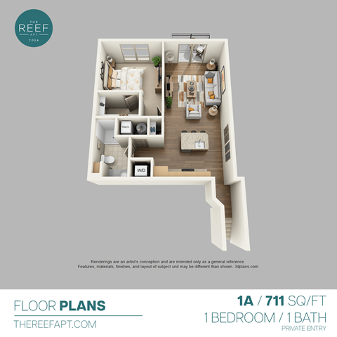 Floor plan for 1 bed, 1 bath, 882 sqft