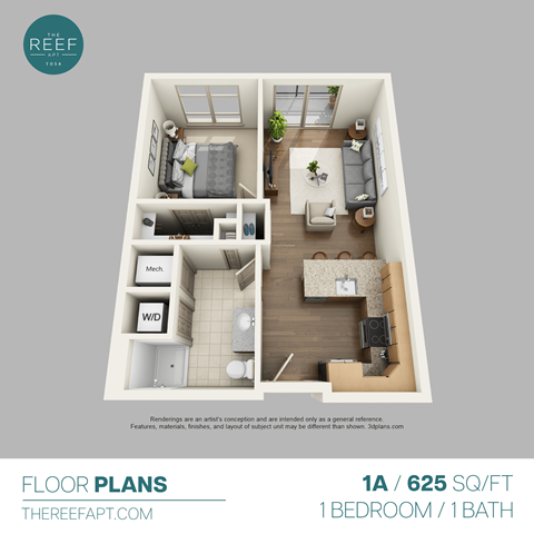 Floor plan for 1 bed, 1 bath, 839 sqft