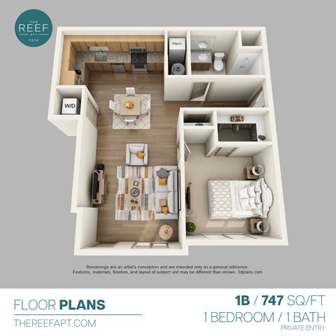 Floor plan for 1 bed, 1 bath, 747 sqft