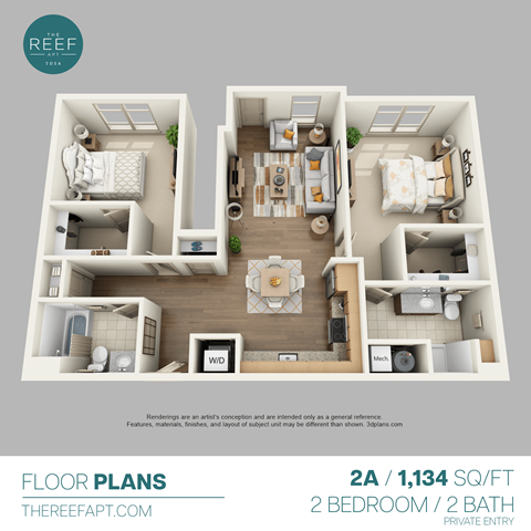 Floor plan for 2 beds, 2 baths, 1156 sqft