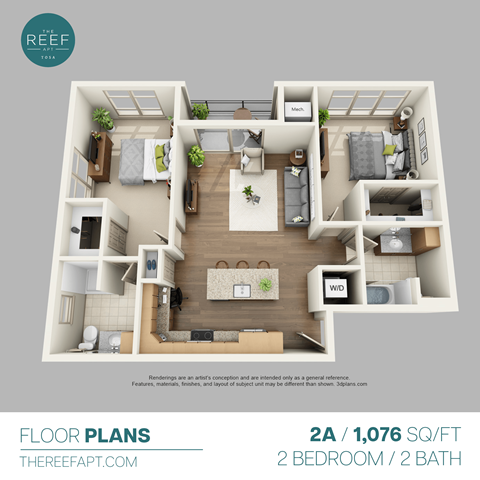 Floor plan for 2 beds, 2 baths, 1099 sqft