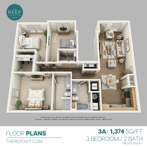 Floor plan for 3 beds, 2 baths, 1374 sqft