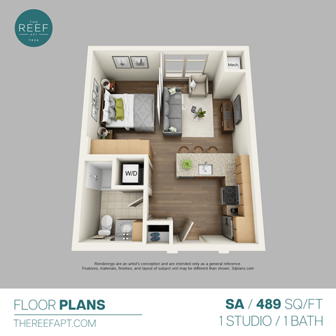 Floor plan for studio, 1 bath, 489 sqft