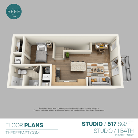 Floor plan for studio, 1 bath, 517 sqft