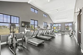 A gym with rows of cardio machines and windows