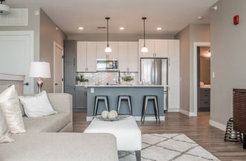 Mount Pleasant townhouse for rent - A modern living room with a grey sofa and a kitchen in the background.