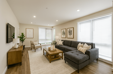 Rohnert Park apartment for rent - A living room with a grey couch and wooden furniture.