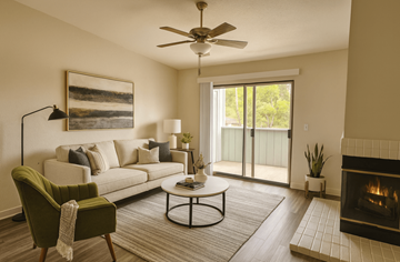 Rohnert Park apartment for rent - A living room with a fireplace, a sofa, a chair, a coffee table, and a painting on the wall.