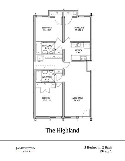 Floor plan for 3 beds, 2 baths, 1104 sqft