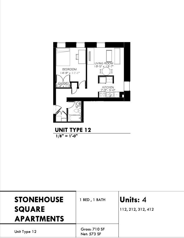 Floor plan for 1 bed, 1 bath, 570 sqft
