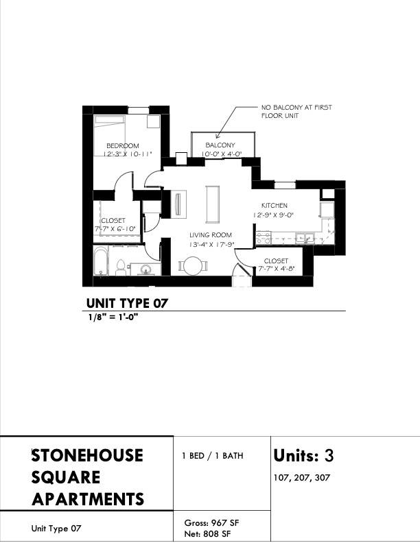 Floor plan for 1 bed, 1 bath, 625 sqft