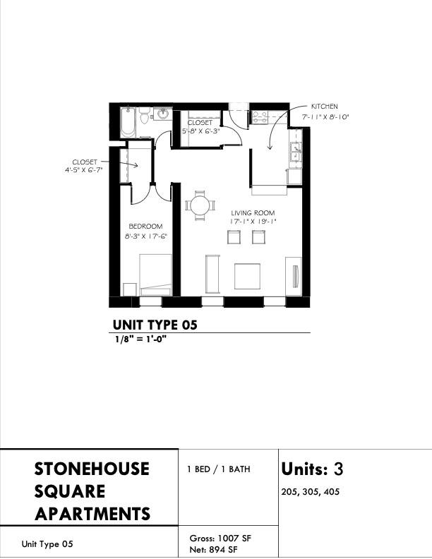 Floor plan for 1 bed, 1 bath, 855 sqft