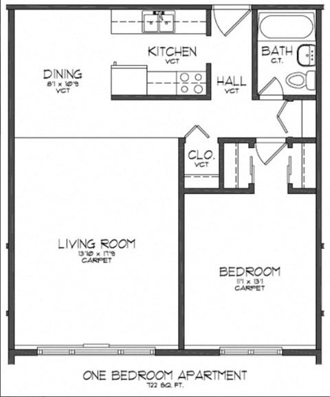 Floor plan for 1 bed, 1 bath, 725 sqft