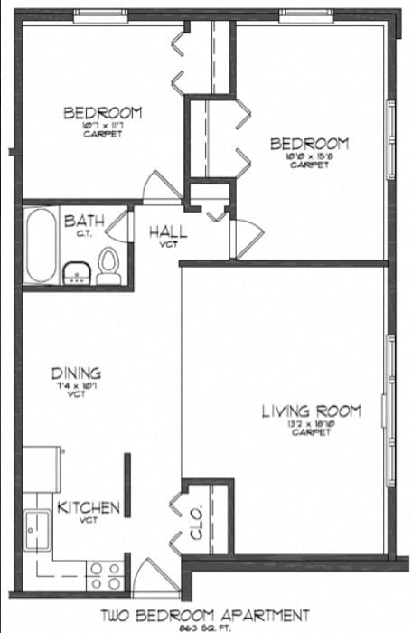 Floor plan for 2 beds, 1 bath, 865 sqft