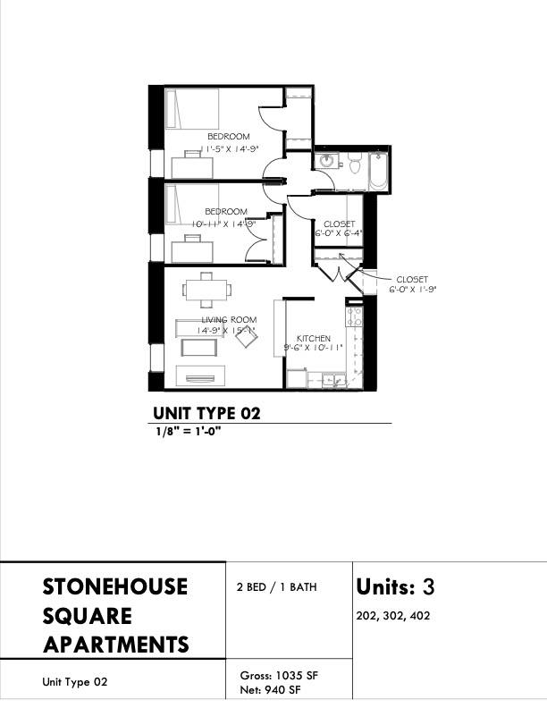 Floor plan for 2 beds, 1 bath, 880 sqft