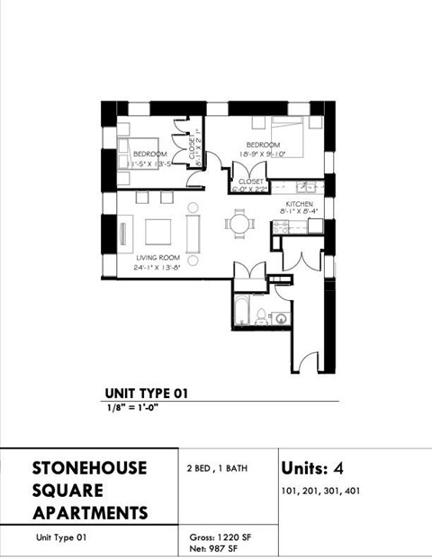 Floor plan for 2 beds, 1 bath, 960 sqft